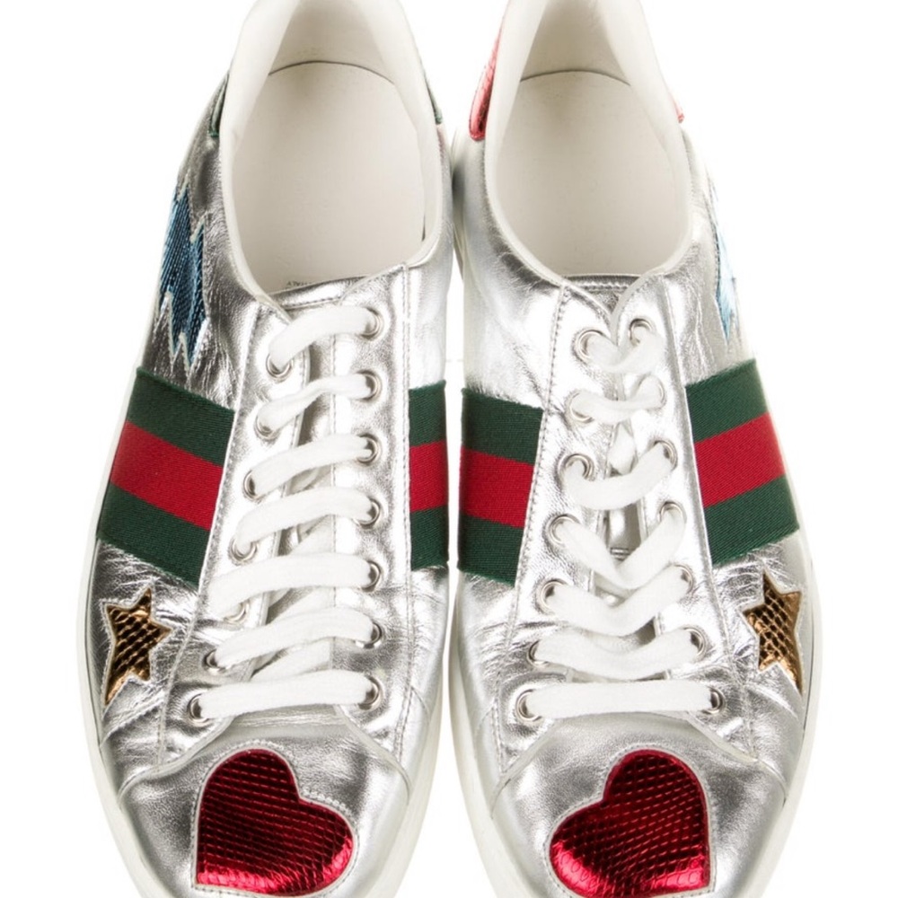 Gucci Silver Sneakers with Red and Green Accents